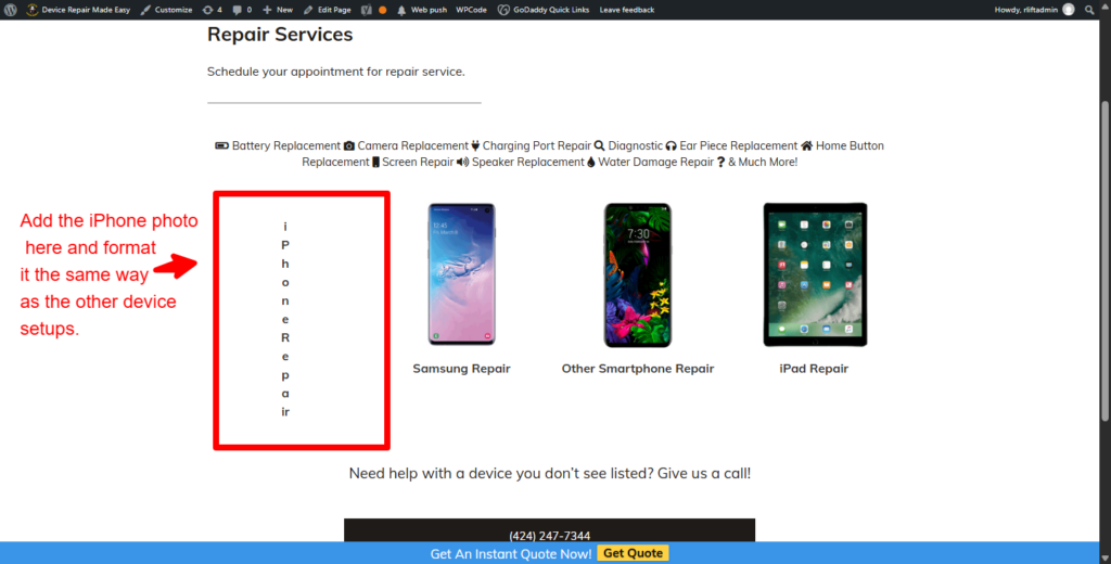 Website repair services page with iPhone placeholder